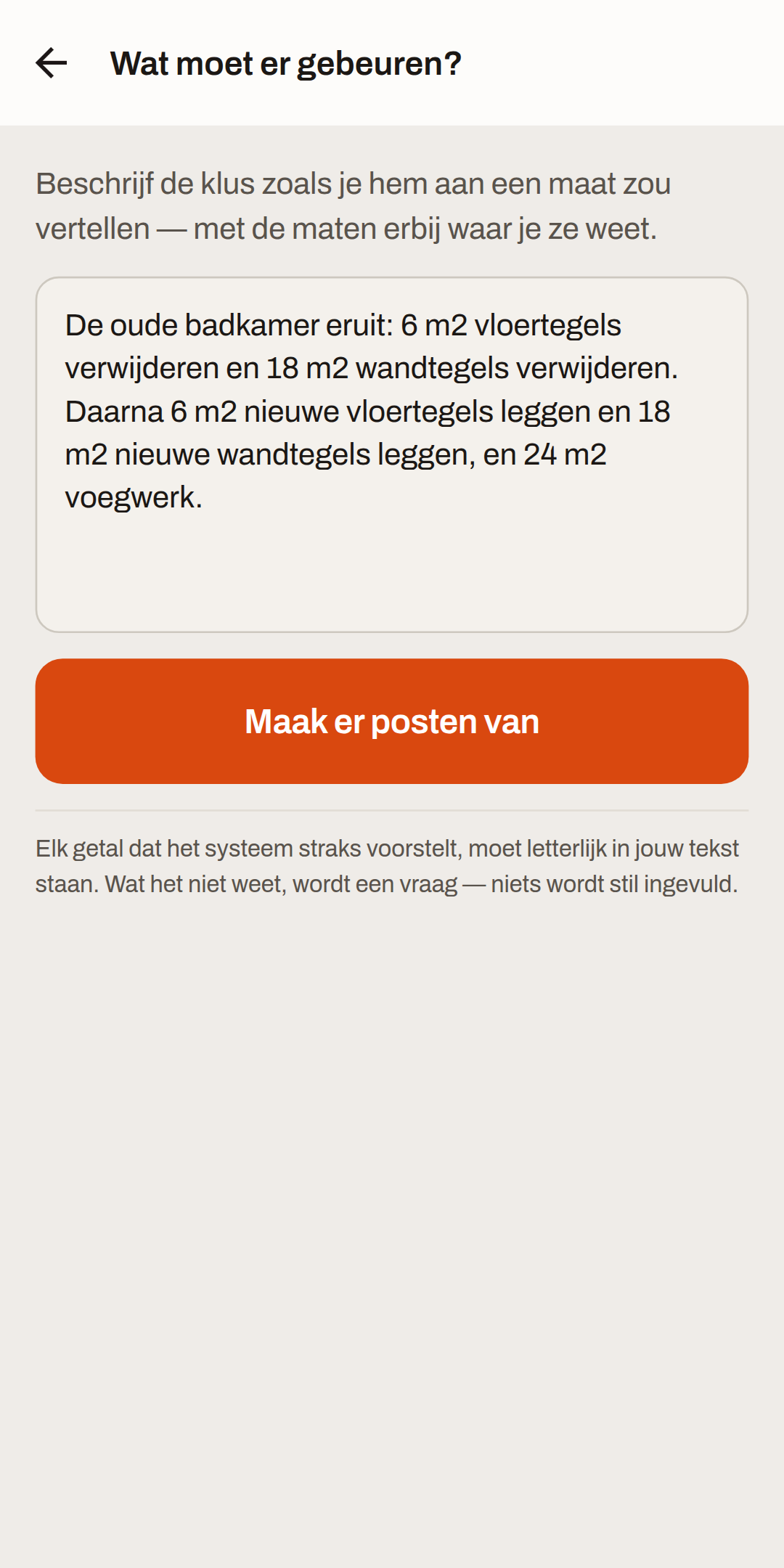 Scherm waarin een klus in gewone taal wordt ingetypt