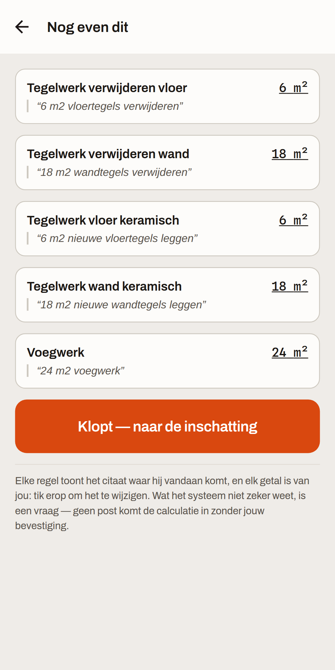 Werkposten met per regel het letterlijke citaat uit de beschrijving